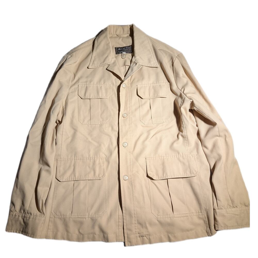 Vtg 1970s Man At Ease Khaki Beige Utility Cargo Pocket Button Up Shirt Sz XL